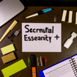 An image showcasing a desk cluttered with 10 essential study materials for SCRUM exam success