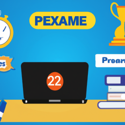 An image illustrating a confident individual sitting at a desk, surrounded by PRINCE2 Agile study materials, a laptop displaying mock exam questions, a timer, and a trophy, symbolizing success in passing the exam