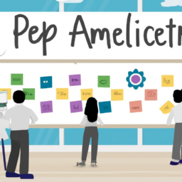 An image depicting a diverse group of professionals collaborating in a modern office setting, utilizing agile methodologies, with visible elements representing essential PMI ACP exam topics such as user stories, Kanban boards, and retrospectives
