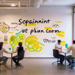 An image depicting a diverse team collaborating in a modern office setting, surrounded by visual representations of key SCRUM exam topics such as product backlog, sprint planning, daily stand-ups, retrospectives, and user stories