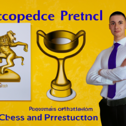An image showcasing a confident individual holding a PRINCE2 Practitioner certificate, surrounded by seven golden trophies symbolizing the secrets to success