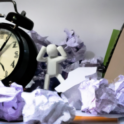 An image depicting a frustrated student surrounded by scattered textbooks, crumpled papers, and a clock ticking in the background, symbolizing the common mistakes made during the ERP exam