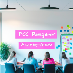 An image showcasing a group of professionals collaborating in a modern office space, with a whiteboard displaying a mind map of the 9 benefits of PRINCE2 Foundation certification, surrounded by post-it notes and colorful markers
