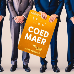 A captivating image of a diverse group of professionals confidently standing together, wearing suits and holding briefcases, with a golden ticket in hand, symbolizing the CCMP exam, elevating them to the esteemed league of change managers