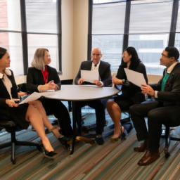 An image showcasing a diverse group of professionals confidently discussing ERP exam strategies, their body language reflecting expertise and enthusiasm