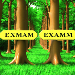 An image showcasing two parallel paths diverging in a lush green forest, one leading to a golden trophy labeled "PSM II Exam" and the other to a question mark, symbolizing the contrasting opinions on the exam's worthiness