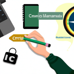 An image depicting a person holding a compass, surrounded by various marketing tools like a laptop, social media icons, and a pencil, symbolizing the decision-making process of determining if the CMI Exam aligns with their marketing goals