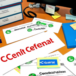 An image showcasing a cluttered desk with various certification logos scattered around, including the SCRUM Exam, as well as competitor certifications, symbolizing a comparison between them