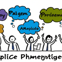 An image depicting a diverse group of professionals engaged in agile project management, surrounded by thought bubbles representing various PMI ACP exam topics, such as Agile Principles, Scrum, Lean, Kanban, and more