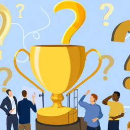 An image showcasing a shining gold trophy, surrounded by question marks and a diverse group of project managers, pondering the significance of the PMP exam