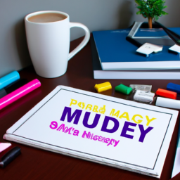 An image showing a neatly organized desk with a PMP study guide, colorful highlighters, a calendar with study milestones, a cup of coffee, and a motivational poster to inspire success