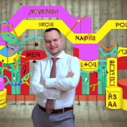 An image of a confident project manager standing in front of a large, complex project plan, surrounded by colorful charts and graphs, symbolizing the success and efficiency achieved through the PRINCE2 Practitioner Exam