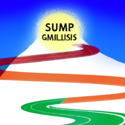 An image depicting a winding road leading towards a glowing summit, surrounded by agile concepts like sprints, backlog, and self-organizing teams, symbolizing the PSM II Exam as the path to becoming an Agile Guru