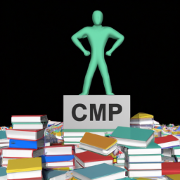 An image showcasing a determined individual confidently standing atop a mountain of CAPM textbooks, surrounded by defeated competitors, symbolizing success and differentiation in conquering the CAPM exam
