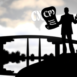 An image showcasing a silhouette of a confident project manager with a roadmap in hand, standing on a bridge leading to success