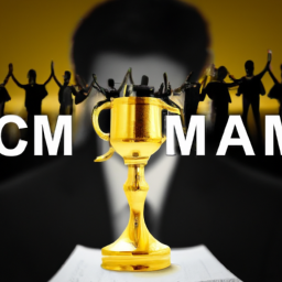 An image depicting a determined marketer surrounded by a crowd of cheering colleagues, holding a golden trophy engraved with "CMI Exam