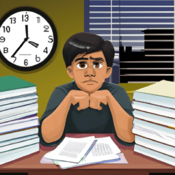 An image depicting a nervous student sitting at a desk, surrounded by stacks of books, notes, and a clock ticking in the background