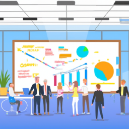An image that depicts a diverse group of professionals collaborating in an open-concept office space, utilizing agile methodologies, with visible project boards and charts showcasing progress and teamwork
