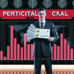 An image featuring a professional in a business suit, confidently holding a PMP certificate, surrounded by a backdrop of ascending bar charts representing career growth and stacks of money symbolizing higher salaries