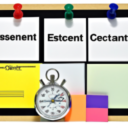An image that showcases a confident individual surrounded by colorful sticky notes, a stopwatch, and a Scrum board filled with tasks, representing the essential elements of acing the SCRUM exam