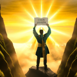 An image showcasing a person confidently standing on a mountain peak, holding a golden ticket labeled "SCRUM Exam" with rays of knowledge emanating from it, symbolizing the path to becoming an agile guru