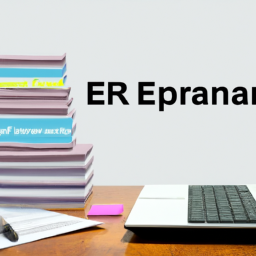 An image showcasing a person sitting at a desk, surrounded by stacks of books and papers, a laptop displaying ERP exam questions, highlighting the intensity and thoroughness of the review process