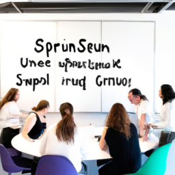 An image showcasing a diverse group of professionals collaborating in an open workspace, with a whiteboard displaying SCRUM principles, debunking misconceptions