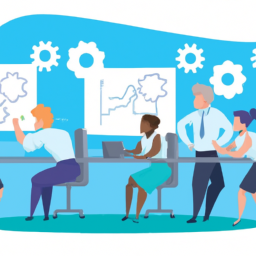An image featuring a diverse group of professionals collaborating in a vibrant, well-organized workspace, utilizing SCRUM techniques