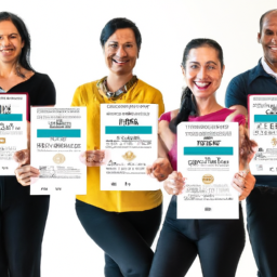 An image showcasing a diverse group of triumphant individuals holding PMI ACP certificates, radiating confidence and determination