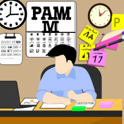 An image depicting a person sitting at a desk covered in PMP study materials, surrounded by a clock, calendar, and a wall filled with sticky notes and project management diagrams, emphasizing the importance of prioritizing the PMP exam