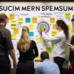 An image featuring a group of diverse professionals gathered around a whiteboard, engaged in intense collaboration, with sticky notes, charts, and diagrams, showcasing the transformative power of SCRUM in project management